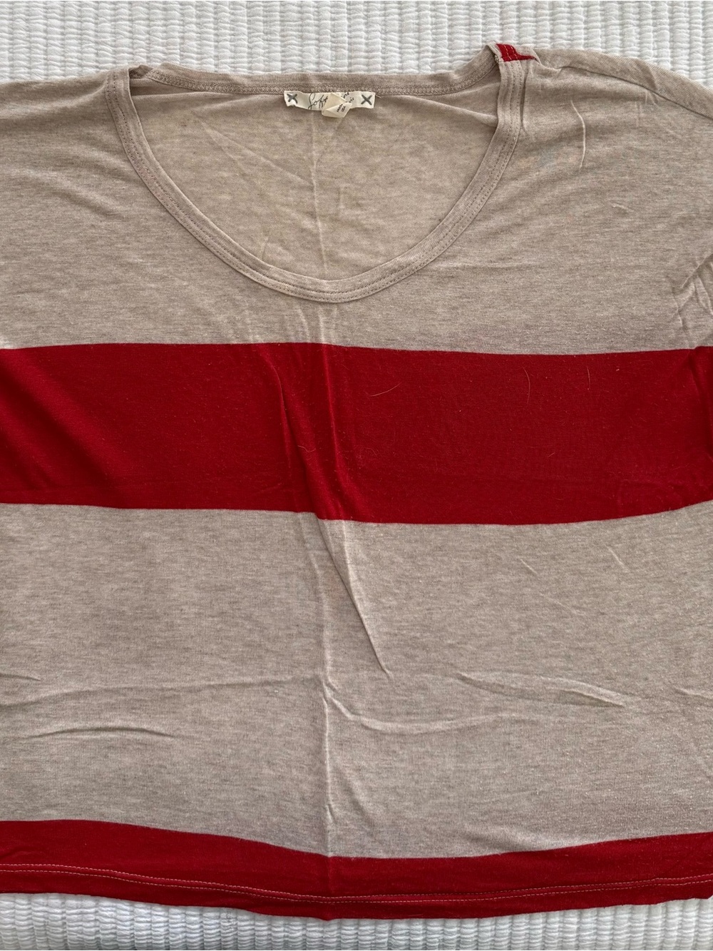 Soft Joie Beige and Red Striped Raglan Sleeve Tee